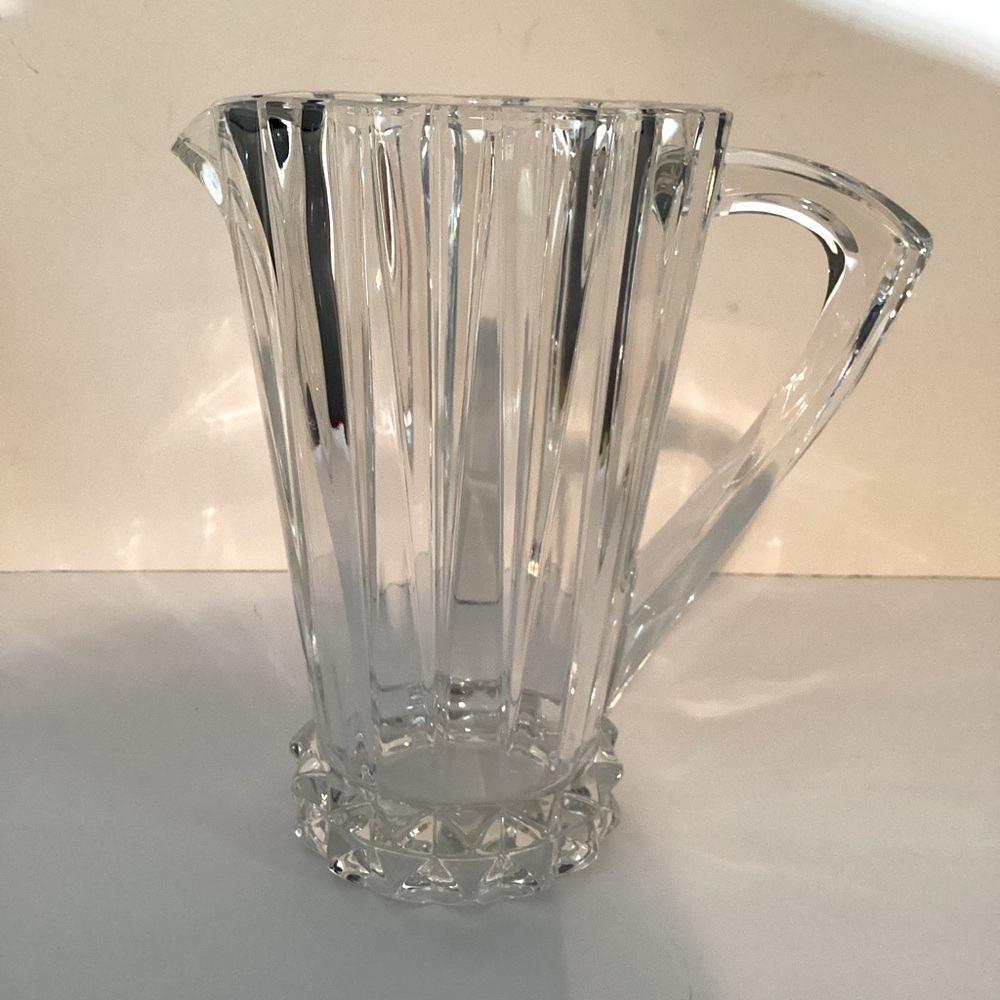 Pitcher, heavy clear glass, unique, elegant, 8”high, angular, modernistic